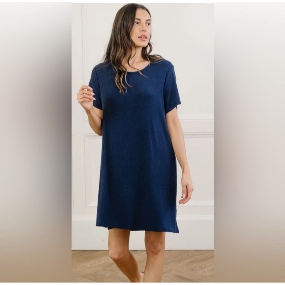Cozy Earth Sleep Shirt Dress Size Medium Bamboo Rib Knit Boyfriend Navy Blue